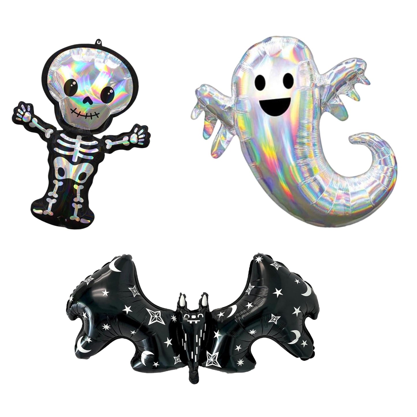 Iridescent Skeleton, Holographic Ghost, Star and Moon Bat Balloon Set