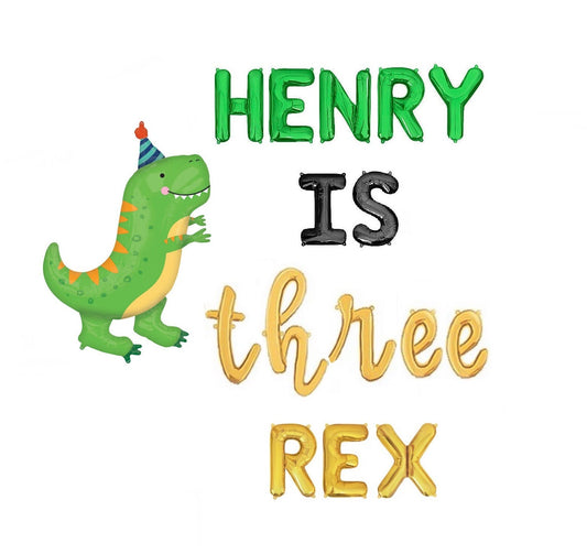 Custom Name Is Three Rex Birthday Letter Balloon Kit