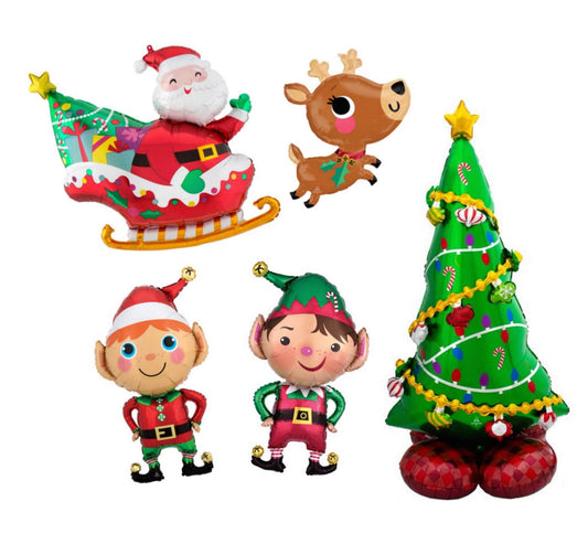 Santa on Sleigh Reindeer Elves And Christmas Tree Balloons