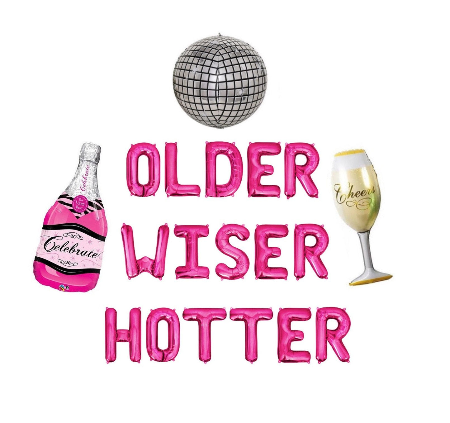 Older Wiser Hotter Hot Pink Birthday Letter Balloons