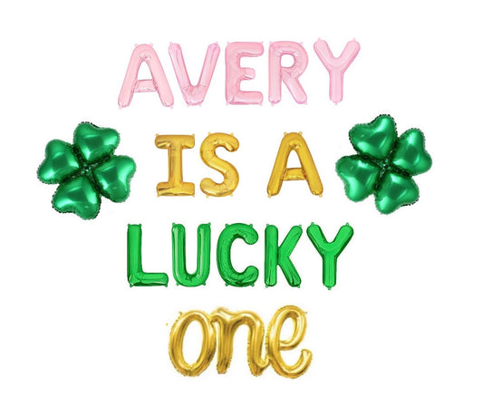 Custom Name Is A Lucky One Baby Pink Green Gold Script Letter Balloon Kit