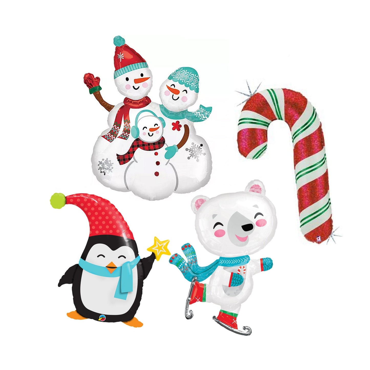 Snowman Family Penguins Polar Bear Candy Cane Christmas Themed Balloons