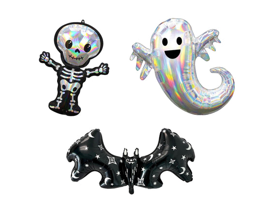 Iridescent Skeleton, Holographic Ghost, Star and Moon Bat Balloon Set