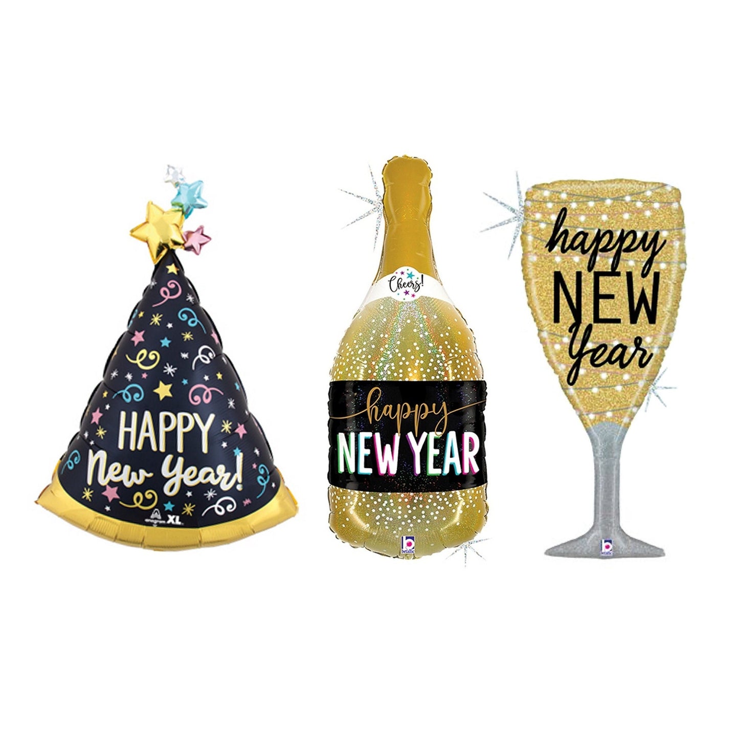 New Years Hat And Sparkly Champagne Bottle and Glass News Years Themed Balloon Kit