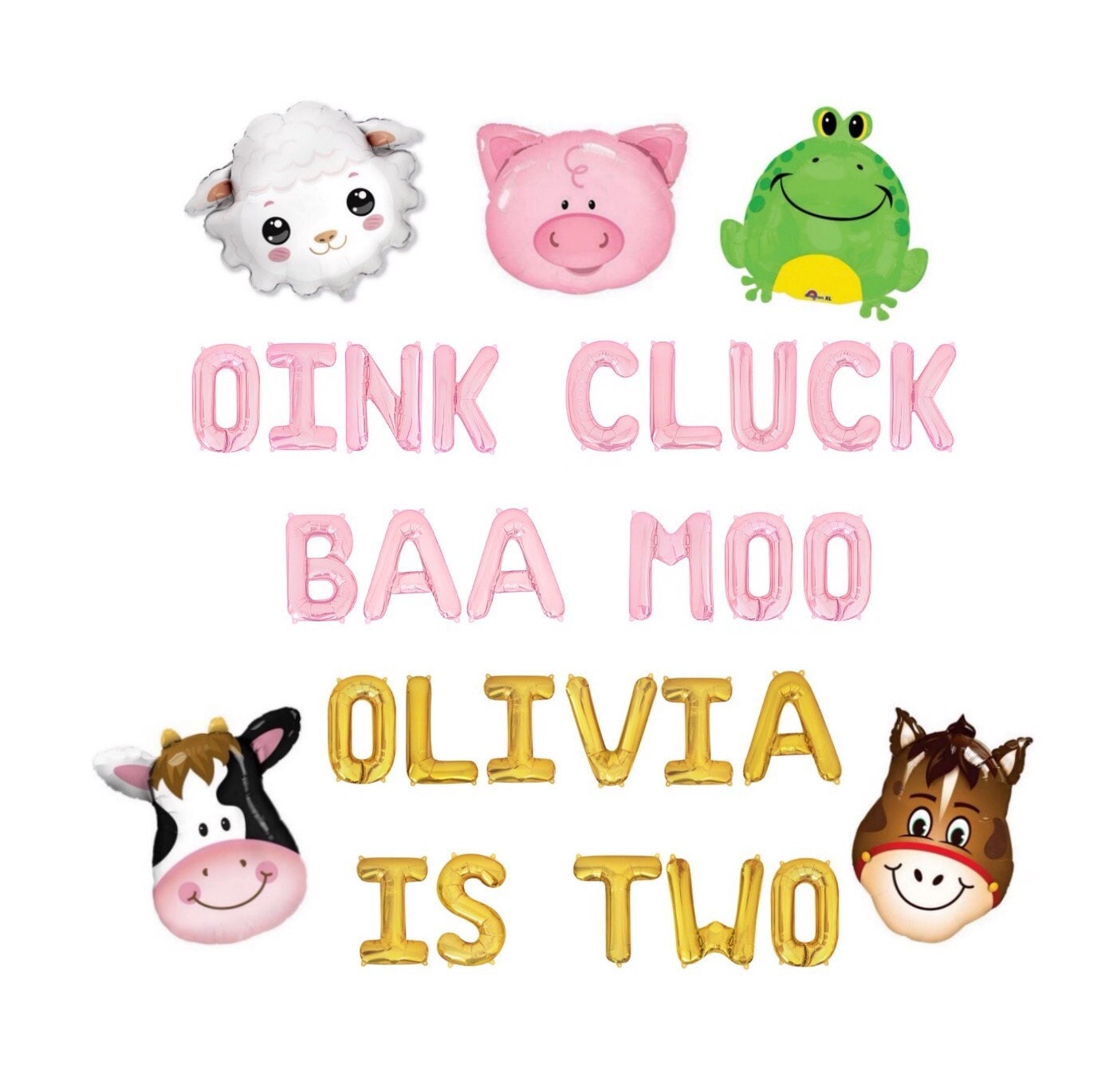 Oink Cluck Baa Moo Custom Name Is Two 2nd Birthday Letter Balloon Kit